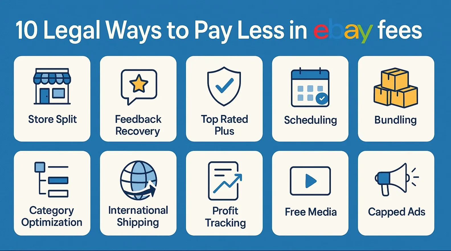 Infographic showing ten ways to reduce eBay fees with MyListerHub tools