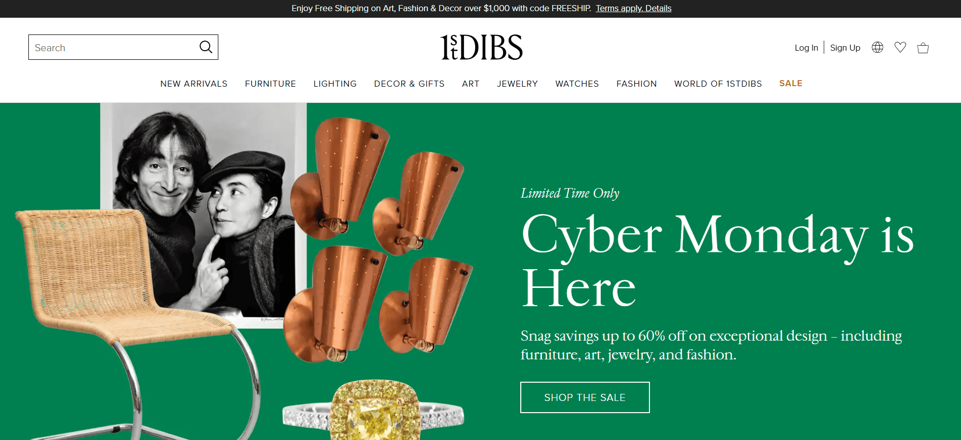 Screenshot of the 1stDibs homepage with curated luxury jewelry, art, and antique decor