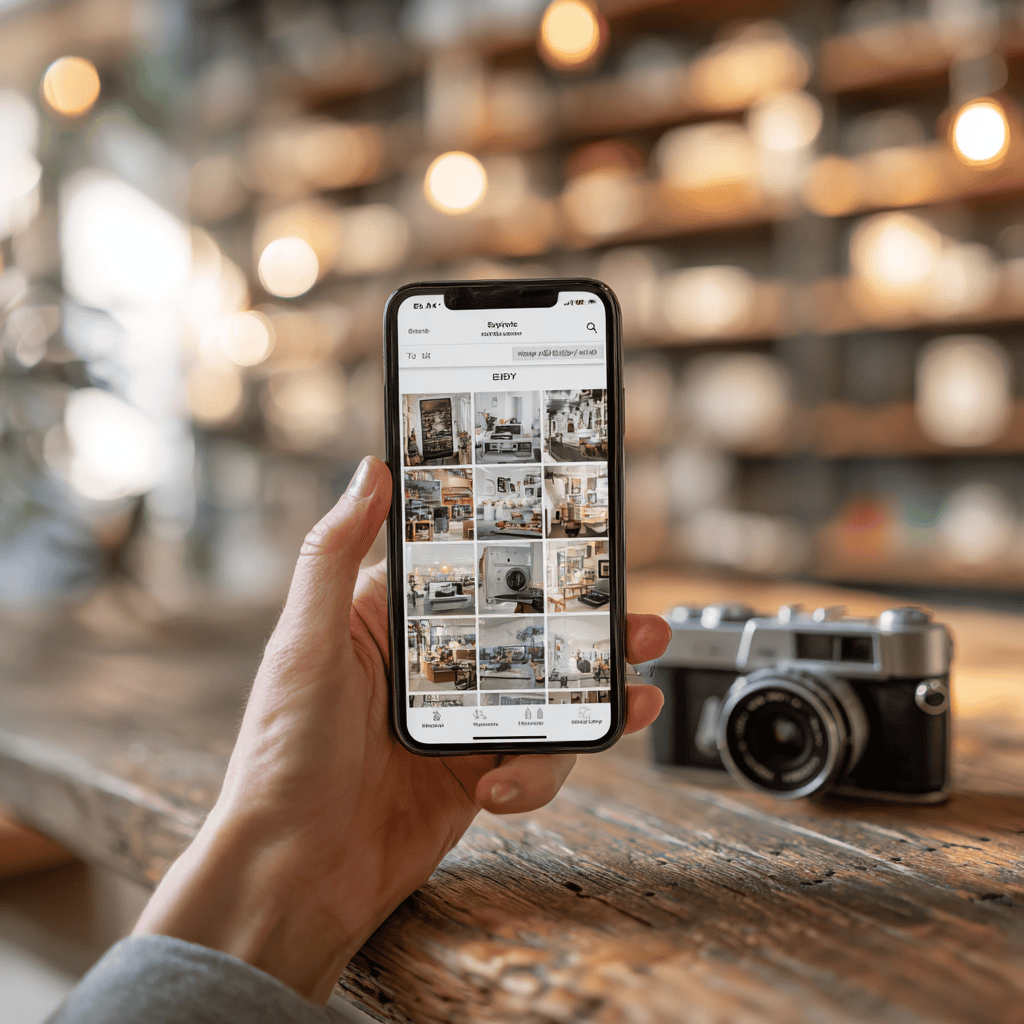 eBay seller photographing a vintage camera to create a high-quality product listing on a smartphone