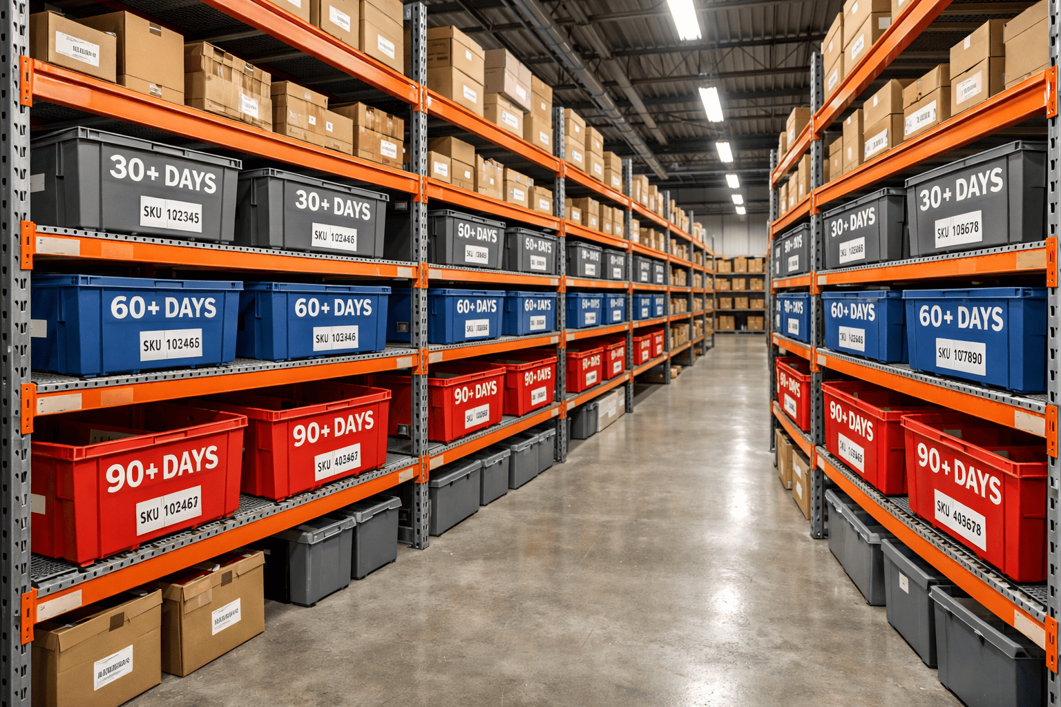 Warehouse shelving representing aging online inventory