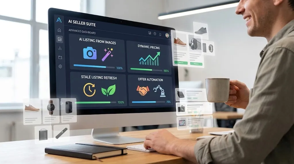Dashboard showing AI and automation features that help eBay sellers manage listings and pricing