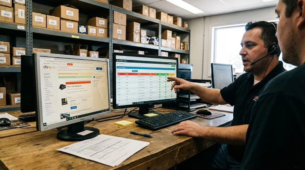 Cinematic shot of an auto parts seller in a warehouse office reviewing eBay fitment and fixing a wrong-part issue