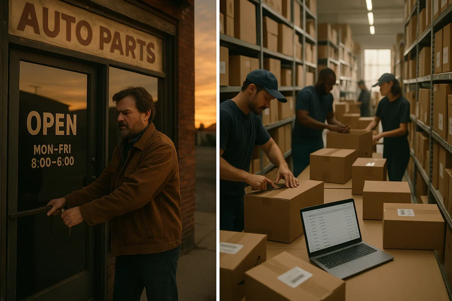 Cinematic documentary style shot of an auto parts owner closing a street store and overseeing active online order packing in a warehouse