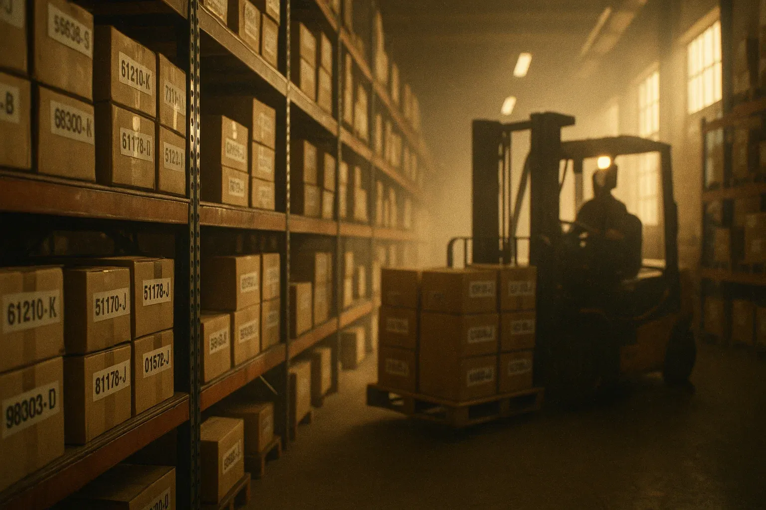 Auto parts warehouse with tall shelves, labeled boxes, and a forklift moving pallets in warm industrial light