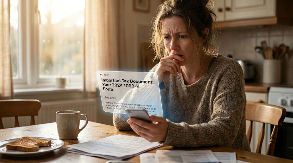 Casual seller reacting to a 1099-K notification on a smartphone at home.