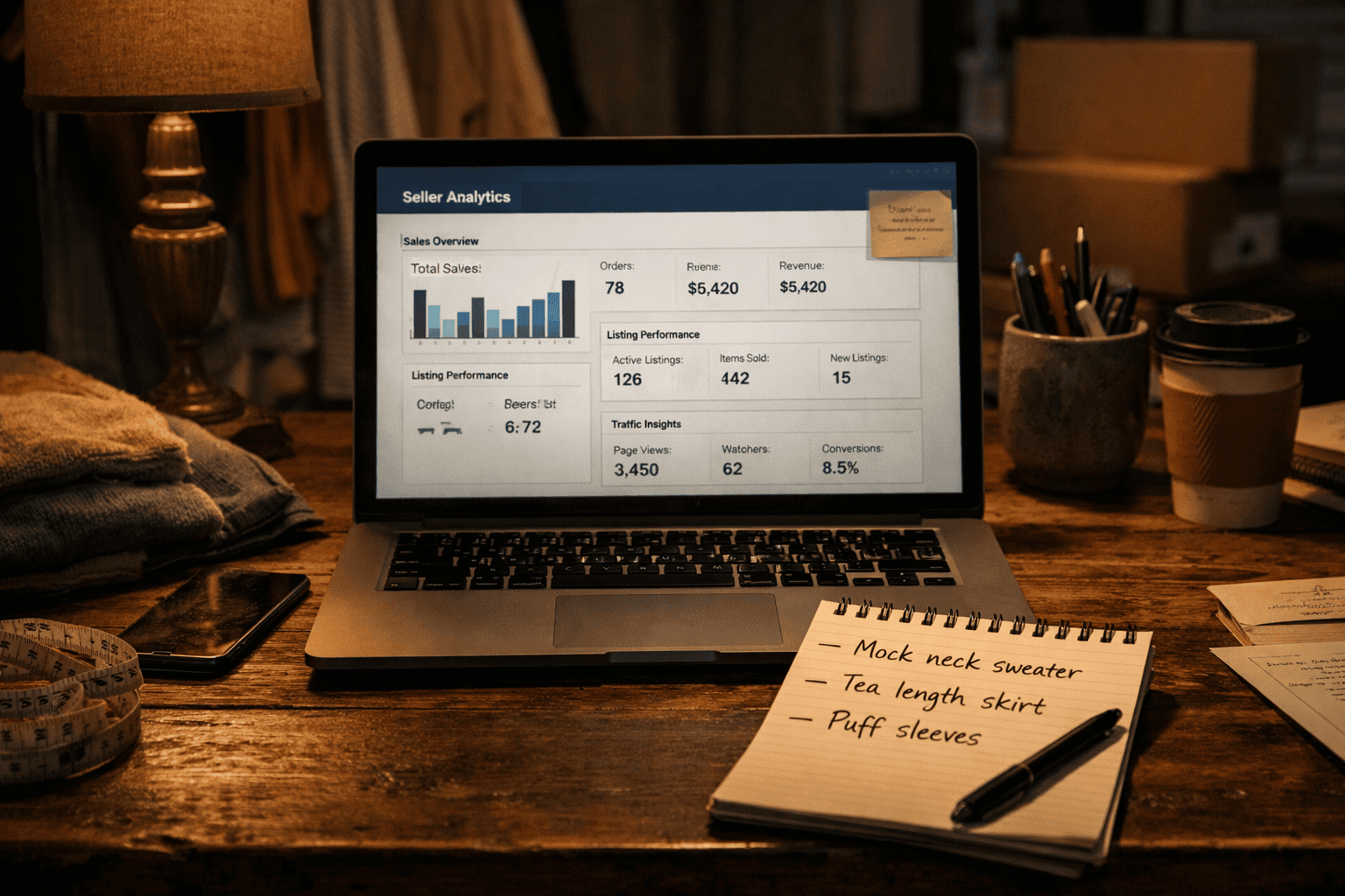 Clothing seller reviewing bulk listing edits at night on neutral dashboard