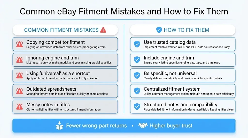 Infographic listing common eBay fitment mistakes and matching fixes for auto parts sellers.