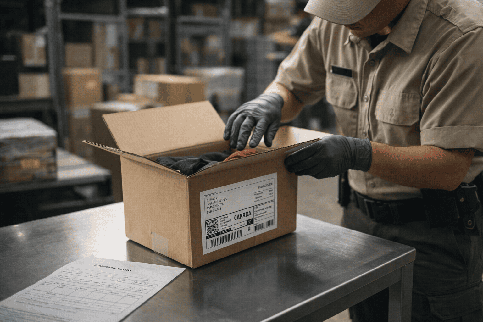 Customs officer examining an international package labeled from the United States in a cargo inspection facility.