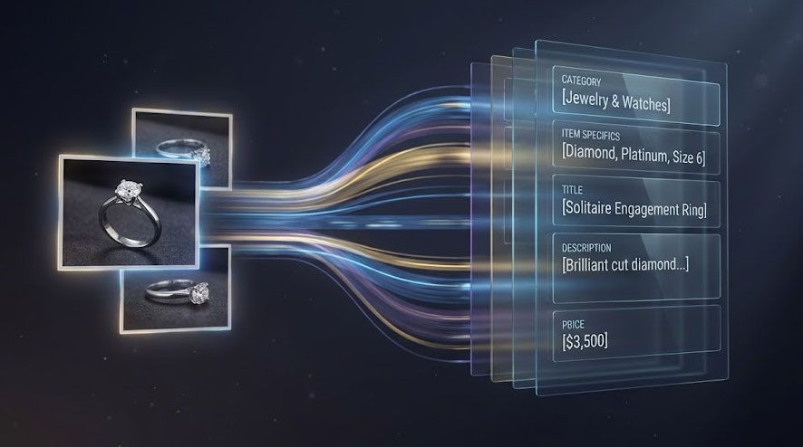 Cinematic data-flow scene showing photos transforming into a structured listing draft with category and specifics.
