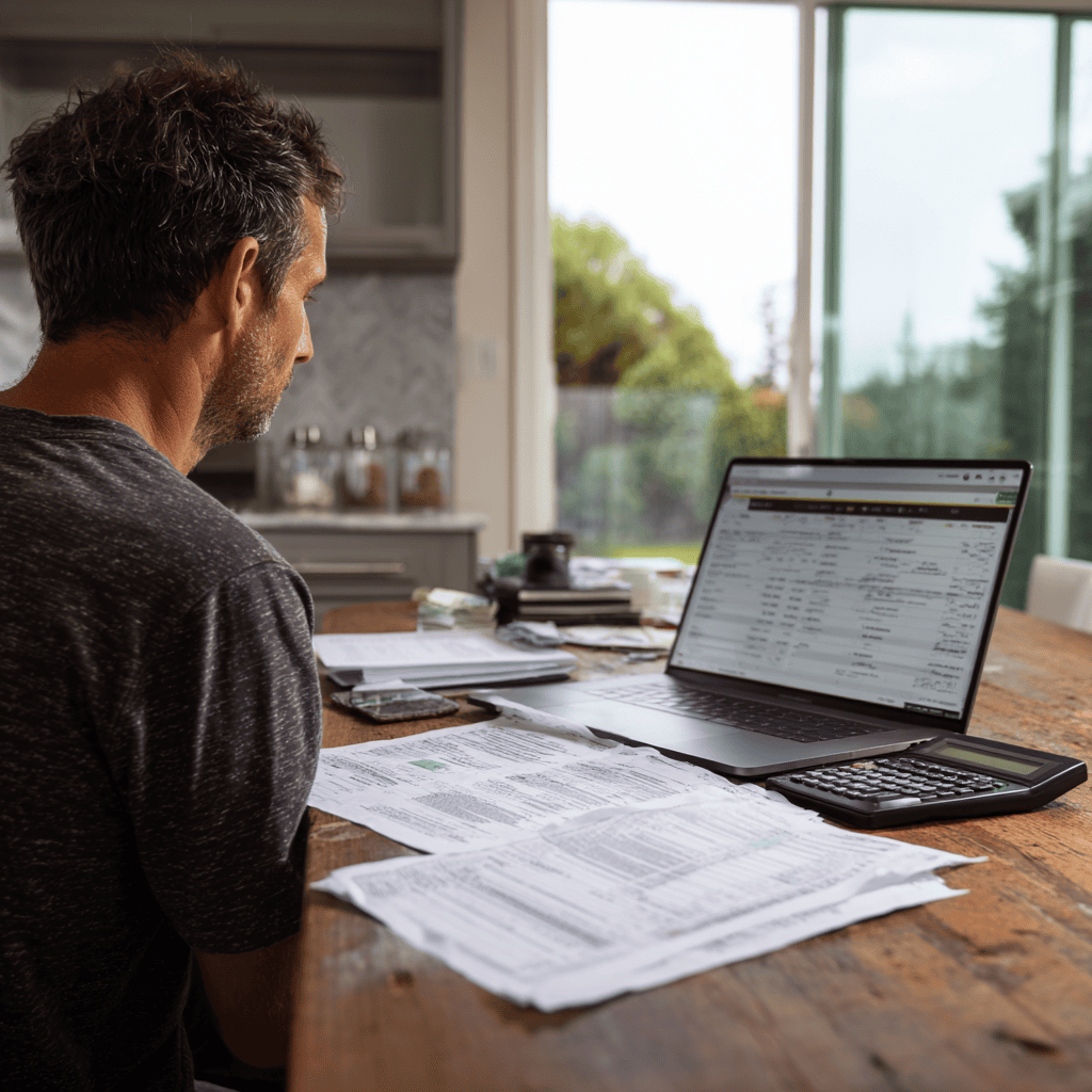 eBay seller tracking cost of goods sold with a printed inventory spreadsheet and bookkeeping software open side by side