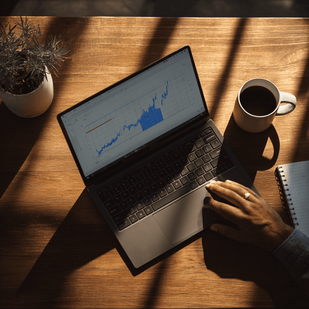 eBay seller reviewing promoted listings performance data and ad cost trends on a laptop