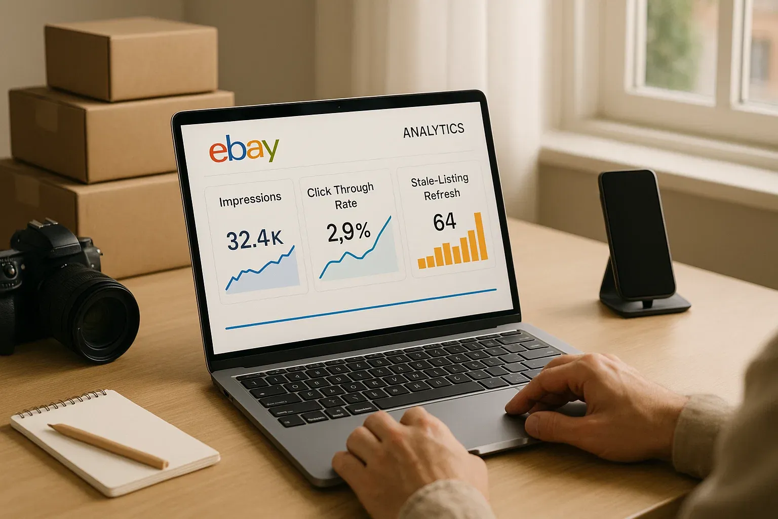 Modern eBay seller reviewing analytics and automated listing tools to improve visibility and sales