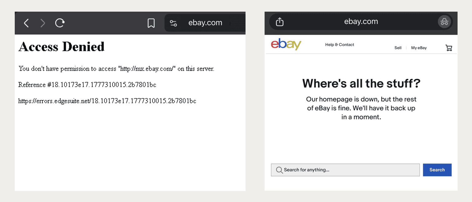 eBay homepage error message showing temporary outage with “Where’s all the stuff?” notice