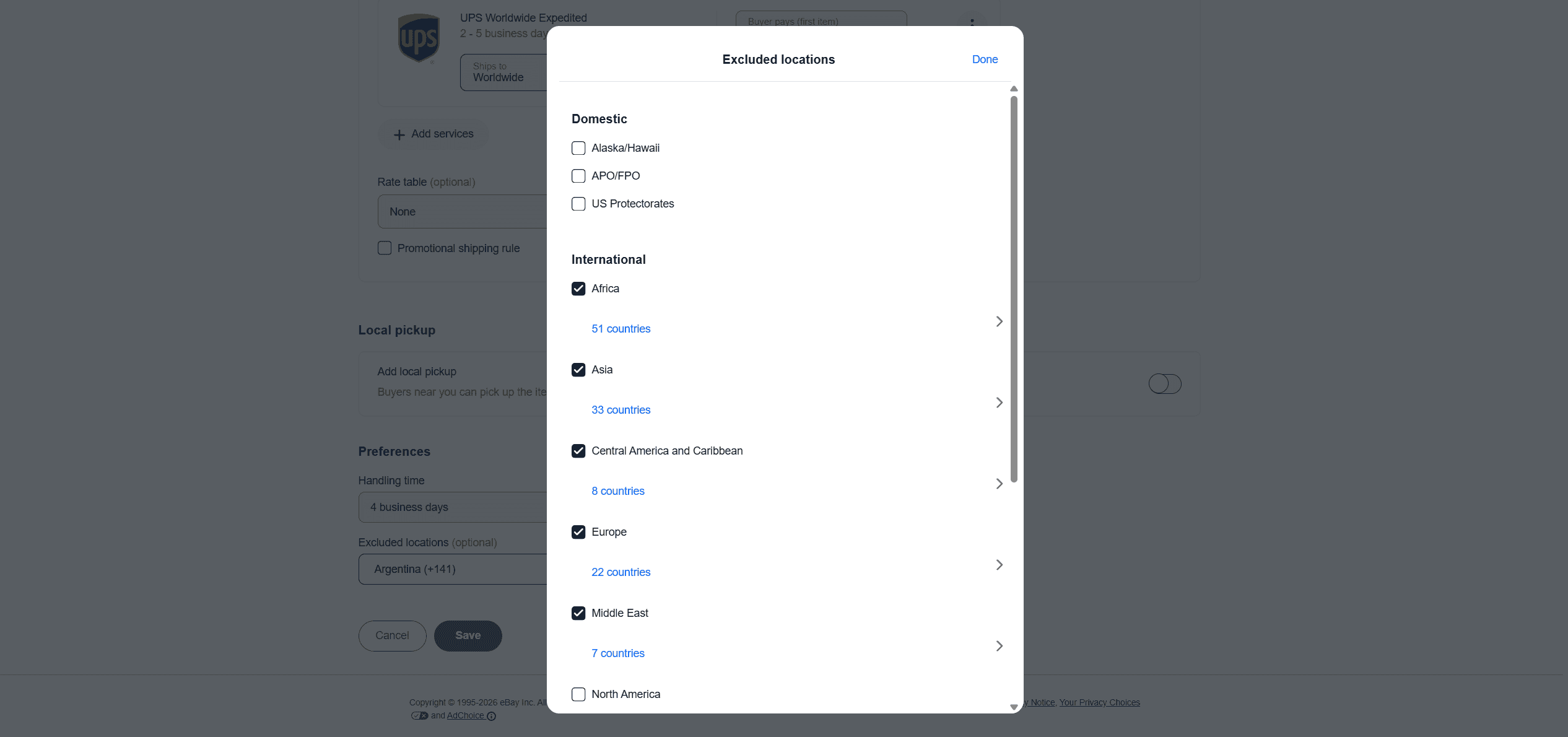 eBay shipping policy settings showing international country exclusions for selected destinations