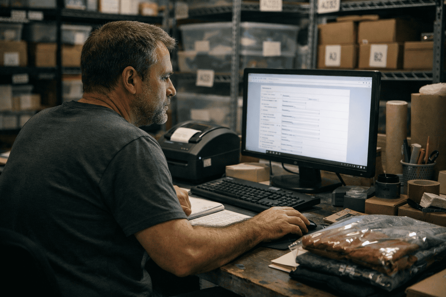 eBay seller reviewing item specifics on computer while surrounded by inventory in a small warehouse workspace