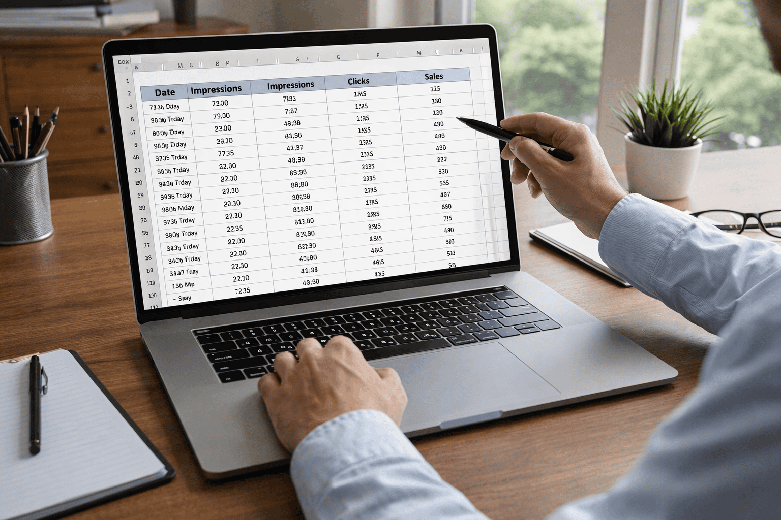 Seller analyzing listing impressions and clicks in spreadsheet