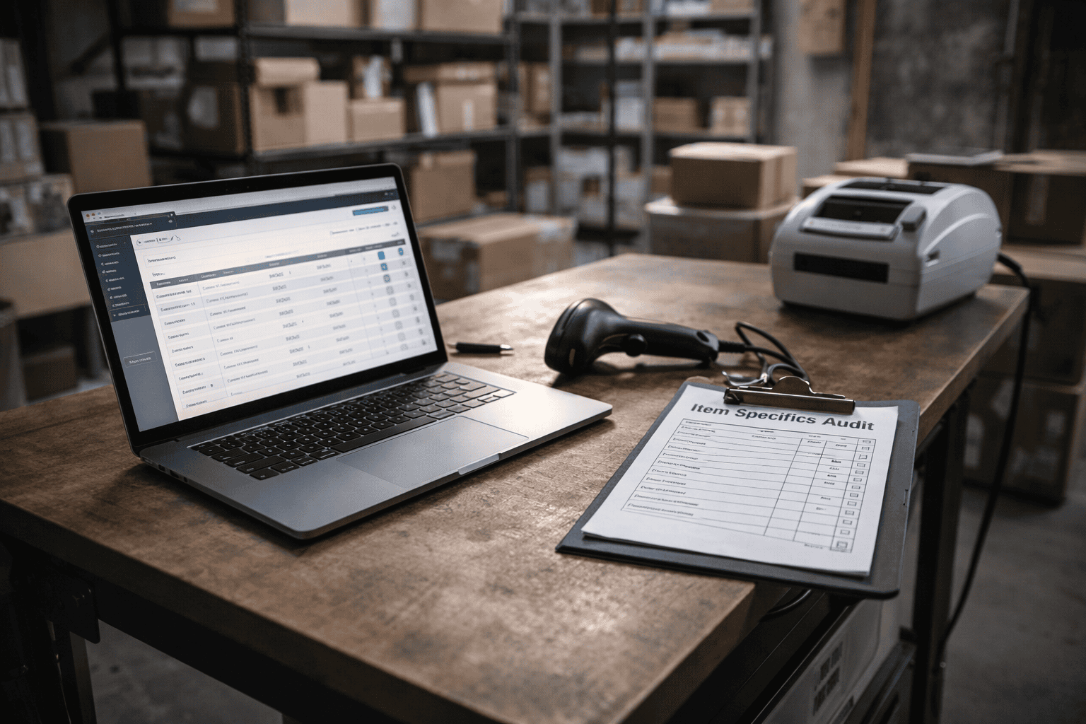 Organized seller desk with laptop, labeled inventory bins, and a checklist showing an item specifics audit workflow.