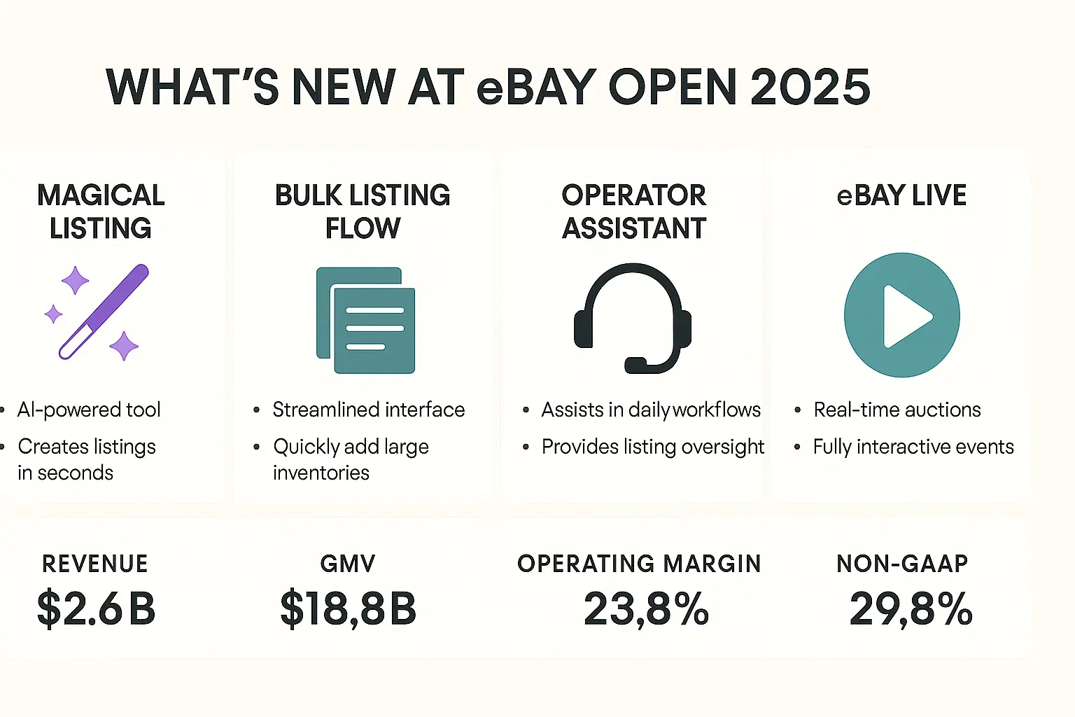 Infographic of new tools at eBay Open 2025 including AI listing and live selling