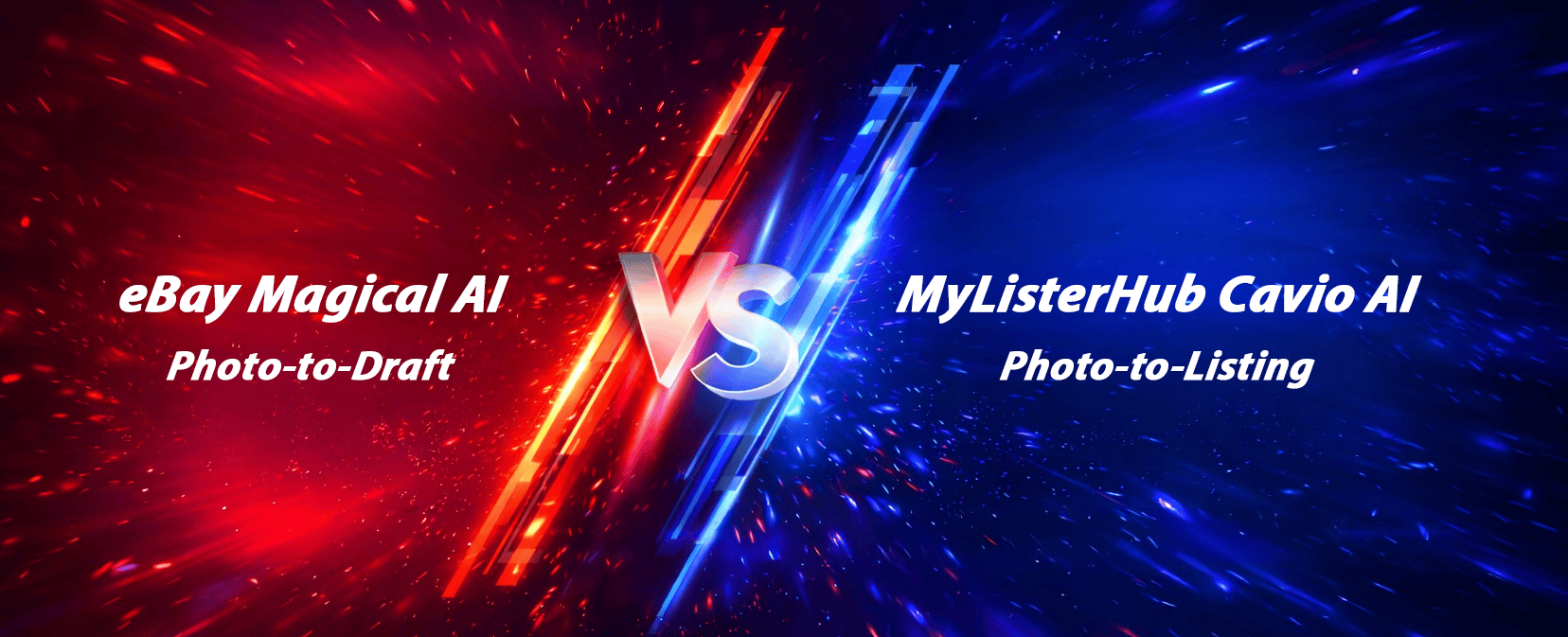 Graphic comparing eBay Magical AI photo-to-draft vs MyListerHub Cavio AI photo-to-listing, showing draft needs manual fields and MyListerHub is publish-ready.