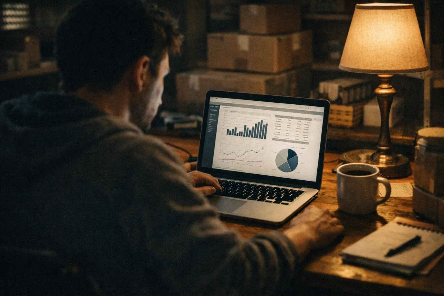 Online seller reviewing eBay tax documents late at night in a home office.