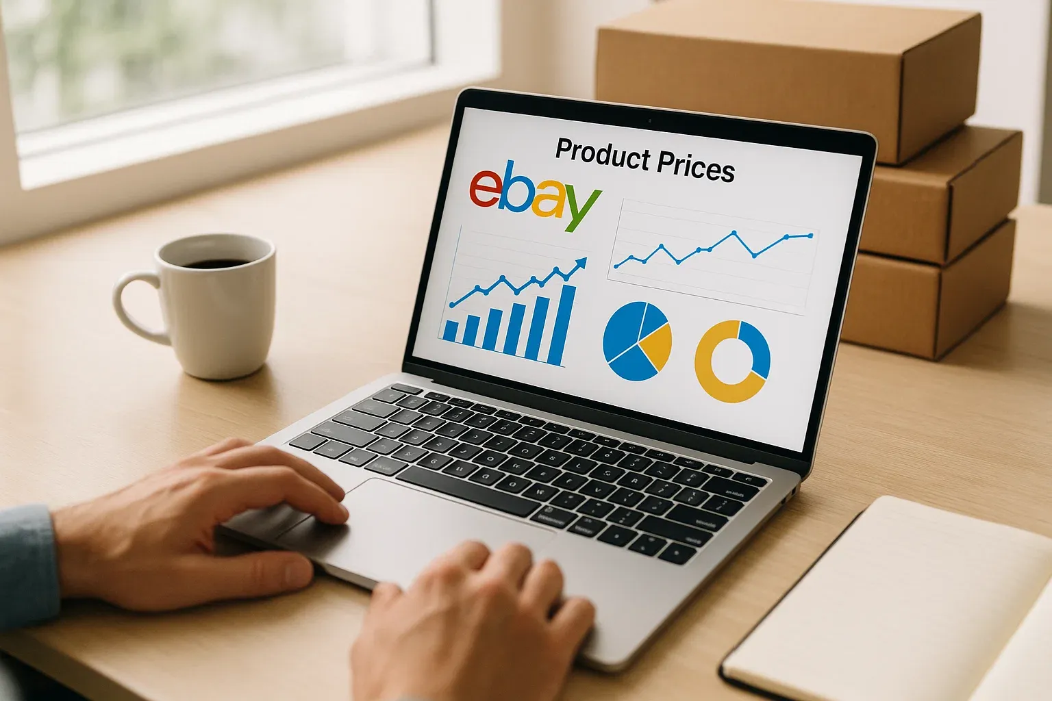 eBay seller analyzing pricing data on a laptop to improve sales performance