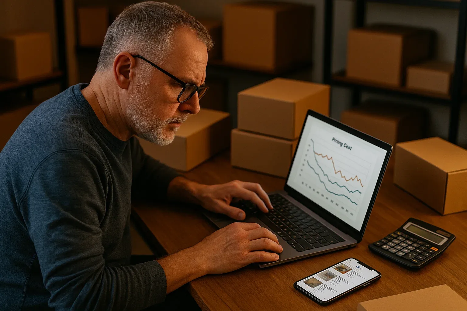 eBay seller reviewing pricing strategy and profit margins from listings on a laptop