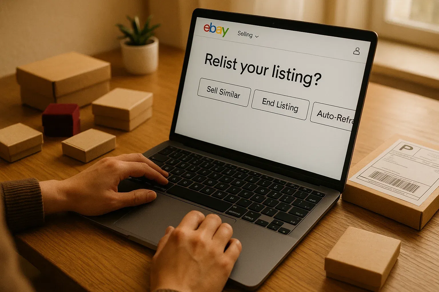 eBay seller managing automated listing refresh from laptop using relist and Sell Similar features