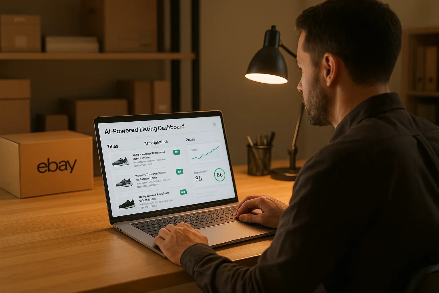 eBay seller using an AI listing generator dashboard to create optimized product titles, categories, and prices automatically with Cavio AI