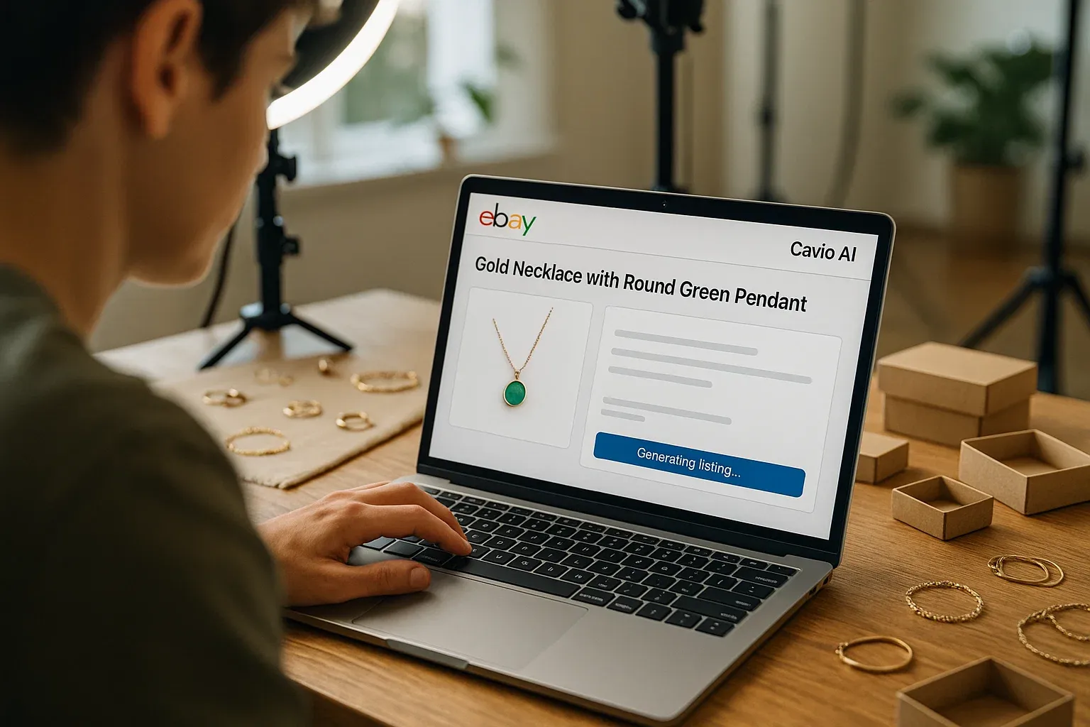 eBay seller using Cavio AI on a laptop to generate listings from product photos