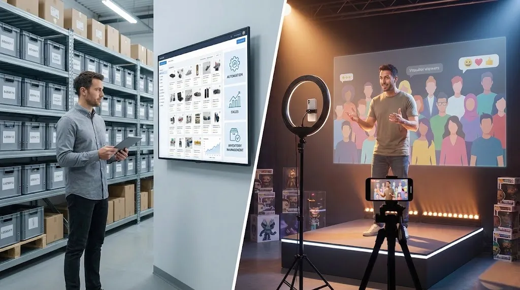 Comparison of an organized eBay warehouse system and a live performance style Whatnot setup