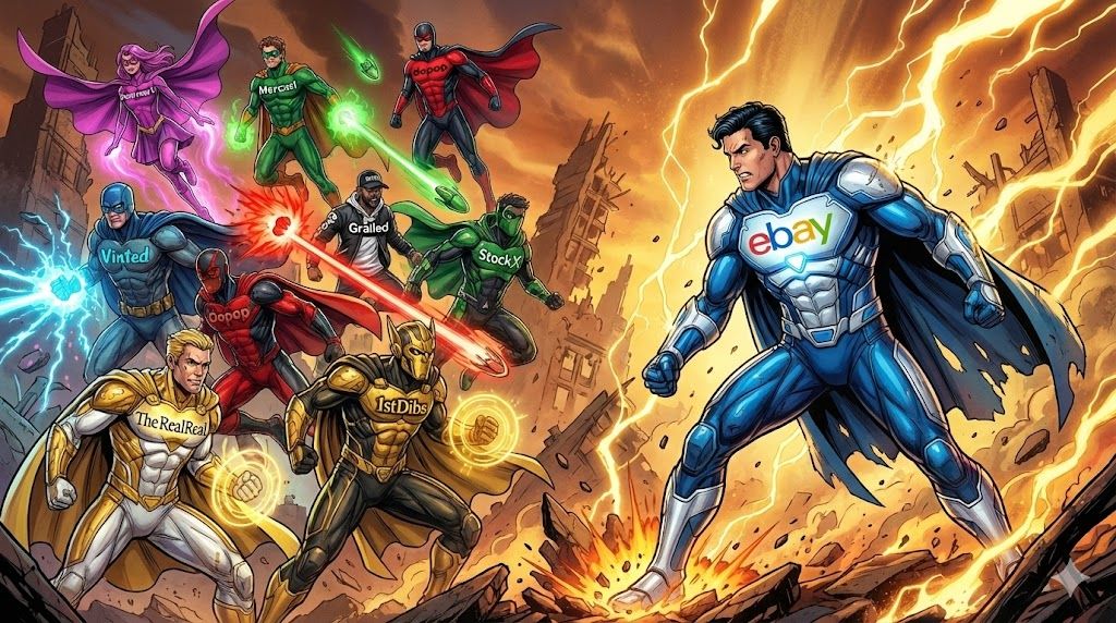Cinematic close-up of a superhero wearing eBay colors on the right side of the frame, bracing for impact against a group of charging rival superheroes representing niche marketplaces like Poshmark and StockX on the left.