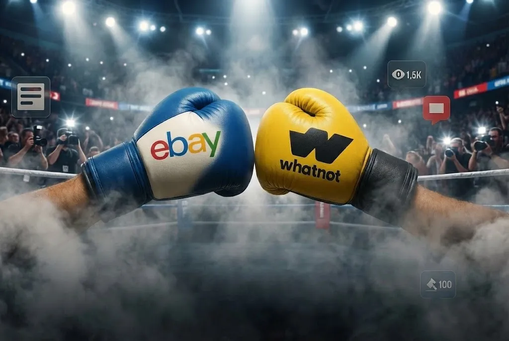 Fight night style boxing poster showing eBay and Whatnot logos on opposing gloves facing off