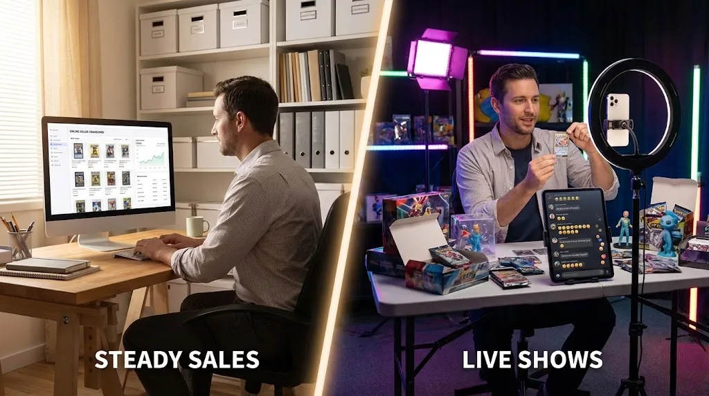 Split image of a seller running a calm eBay store on one side and a high energy Whatnot live show on the other