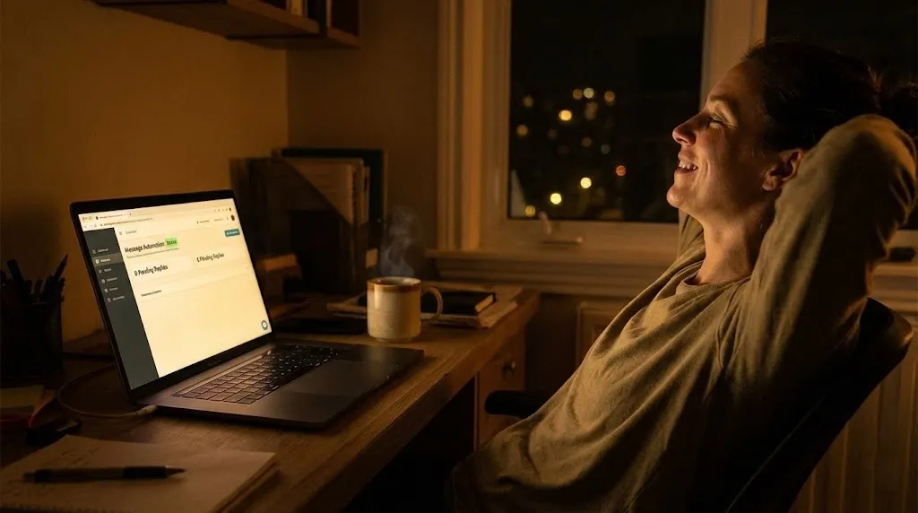 eBay seller feeling relieved at night as automated messages reduce daily workload and stress.