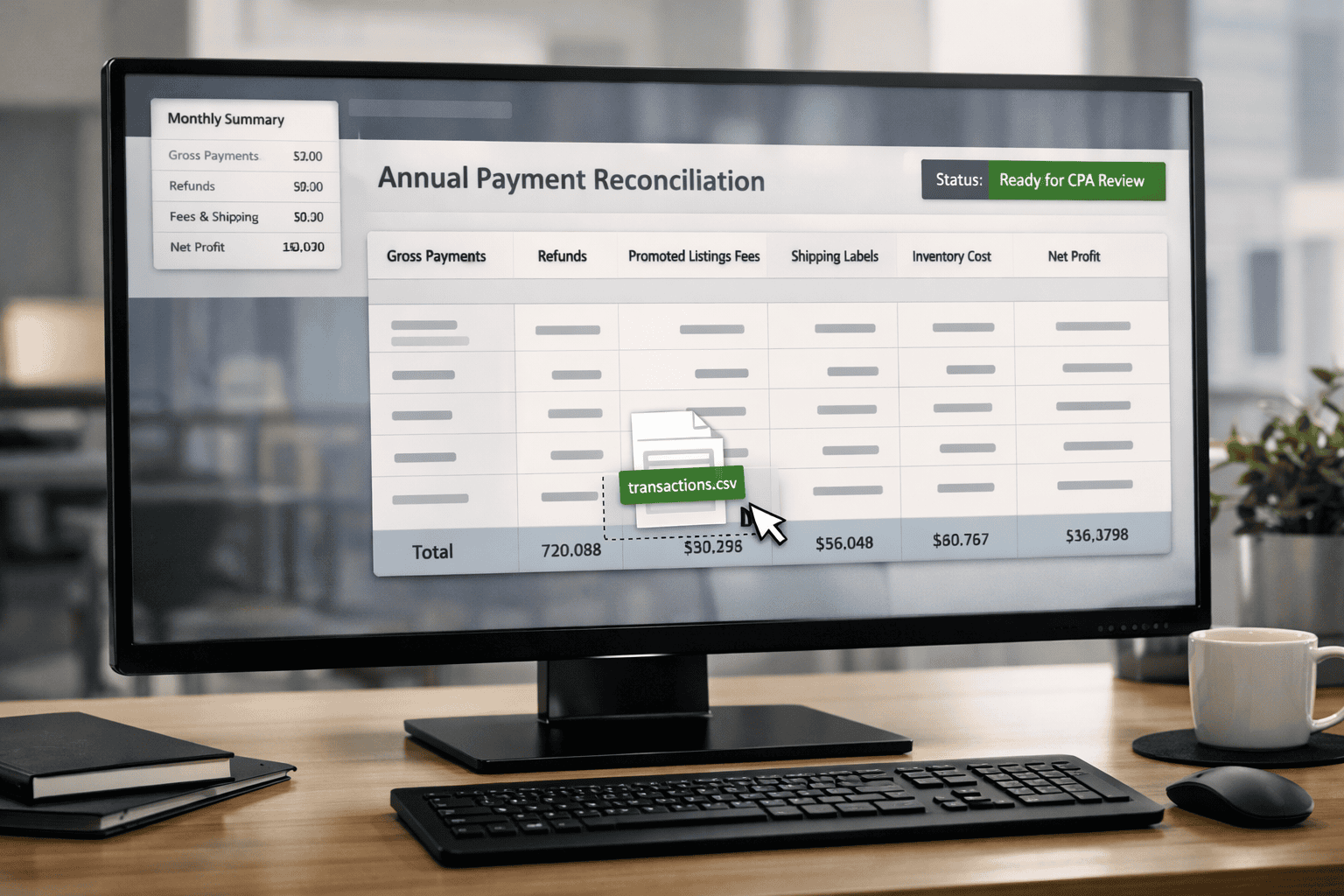 Professional seller dashboard showing annual 1099-K reconciliation for high-volume eBay sales.