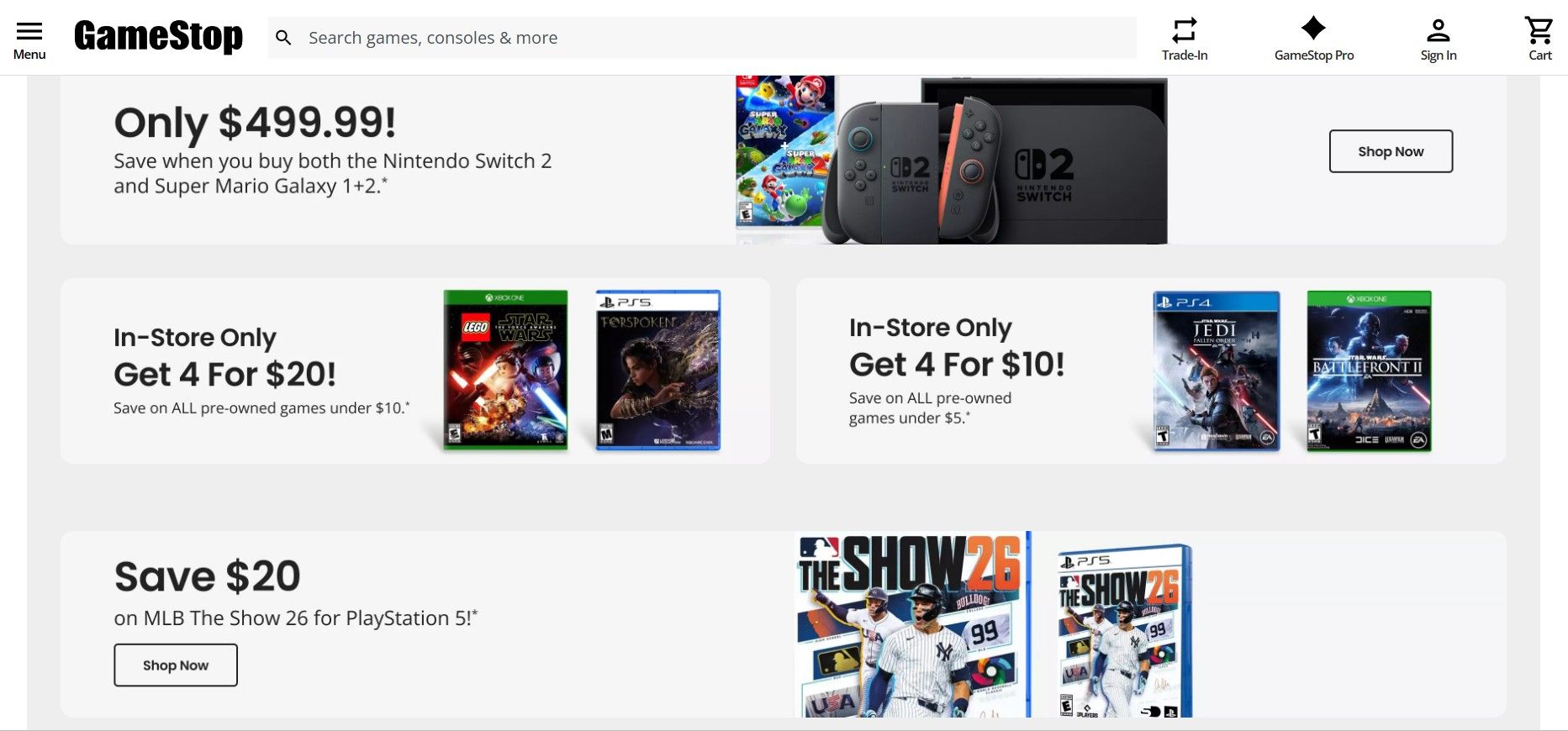 GameStop homepage showing gaming products, trade-in services, and retail marketplace expansion strategy