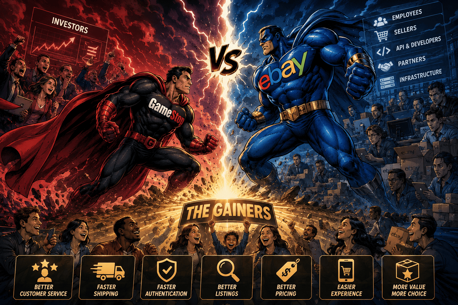Comic-book style illustration showing GameStop and eBay as rival marketplace superheroes battling over the future of eCommerce, sellers, APIs, and customer experience