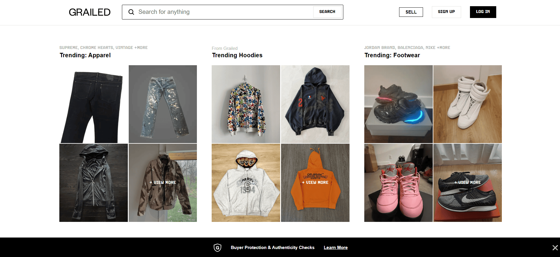 Screenshot of the Grailed homepage with menswear, luxury streetwear, and designer brands