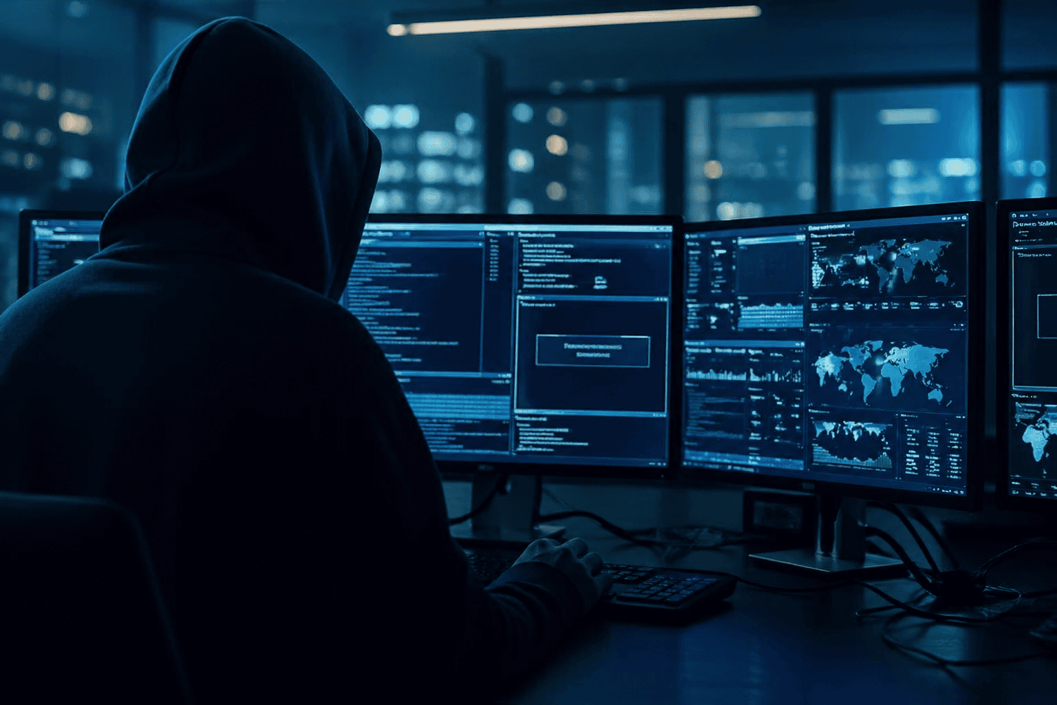 A hyper-realistic depiction of a digital cyberattack in progress