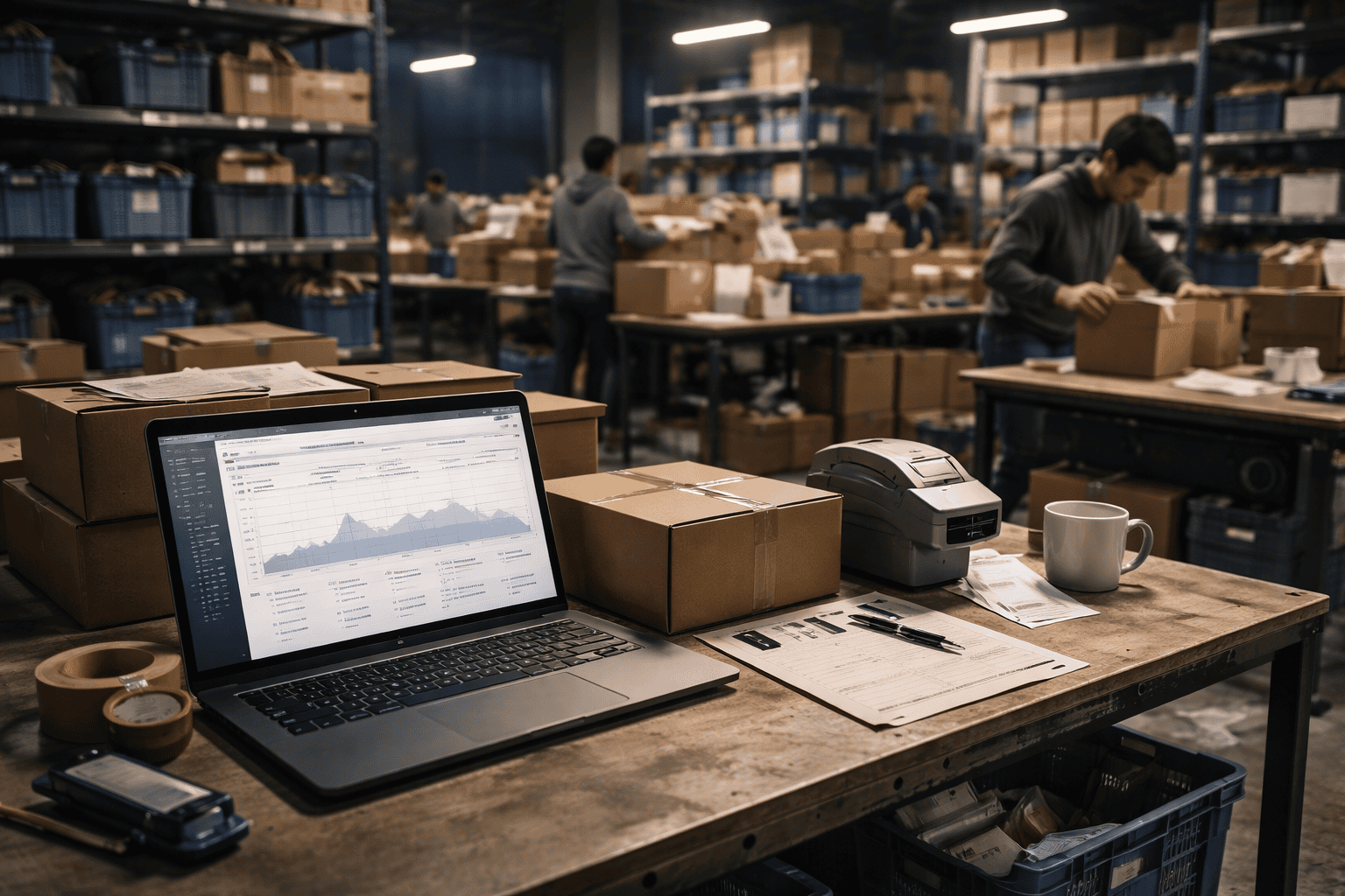 High-volume eBay seller packing orders in a real shipping workspace.