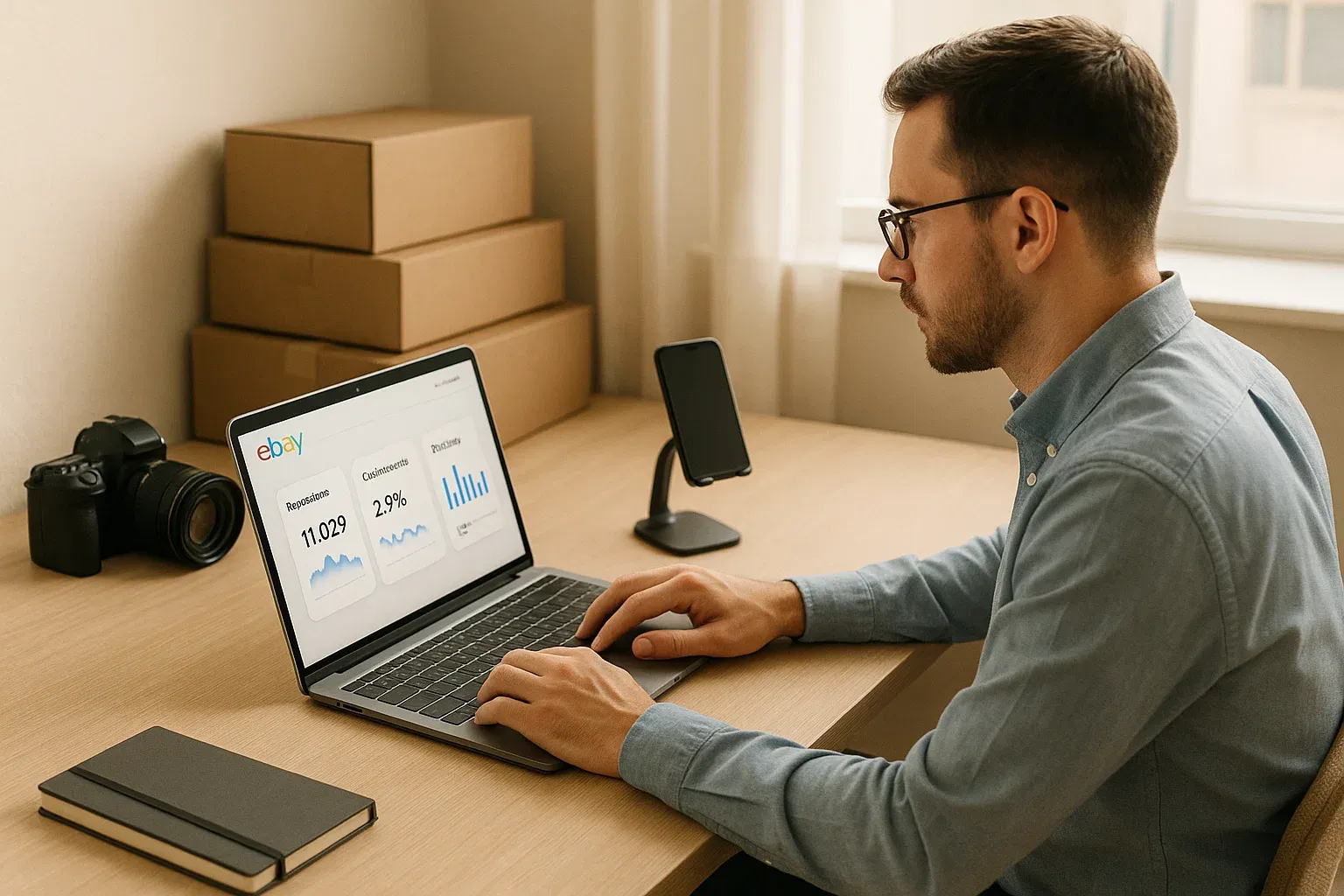 Modern eBay seller reviewing analytics and listing automation tools to boost sales and optimize stale listings