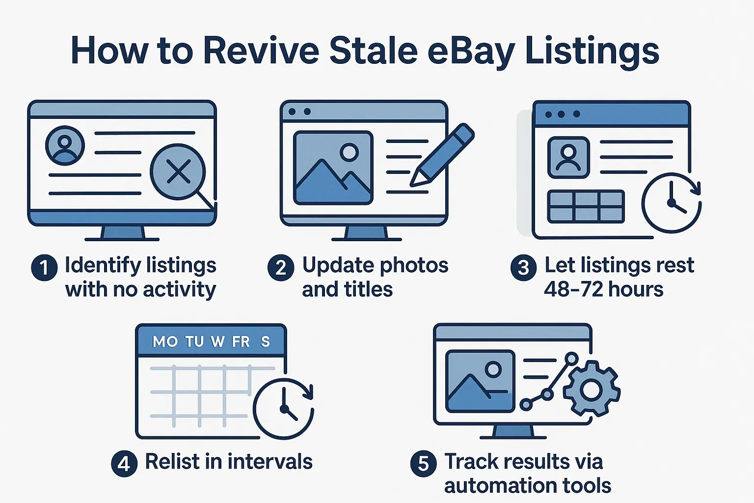 Infographic showing five steps to refresh and optimize stale eBay listings