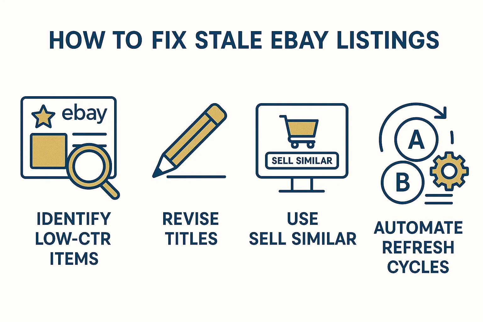 Infographic showing steps to refresh stale eBay listings and increase sales