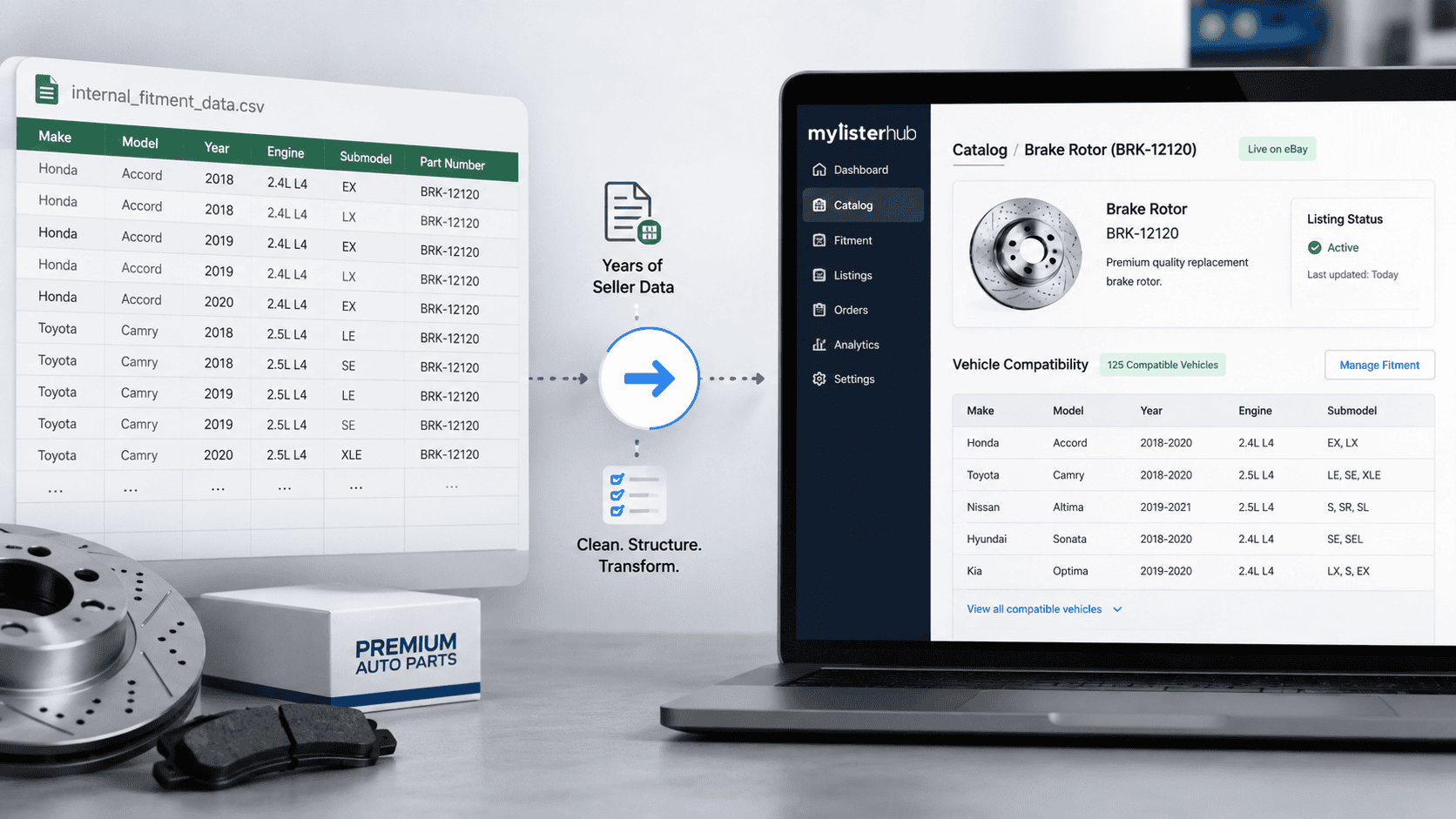 Auto parts seller importing internal CSV fitment data into vehicle compatibility records for active eBay listings