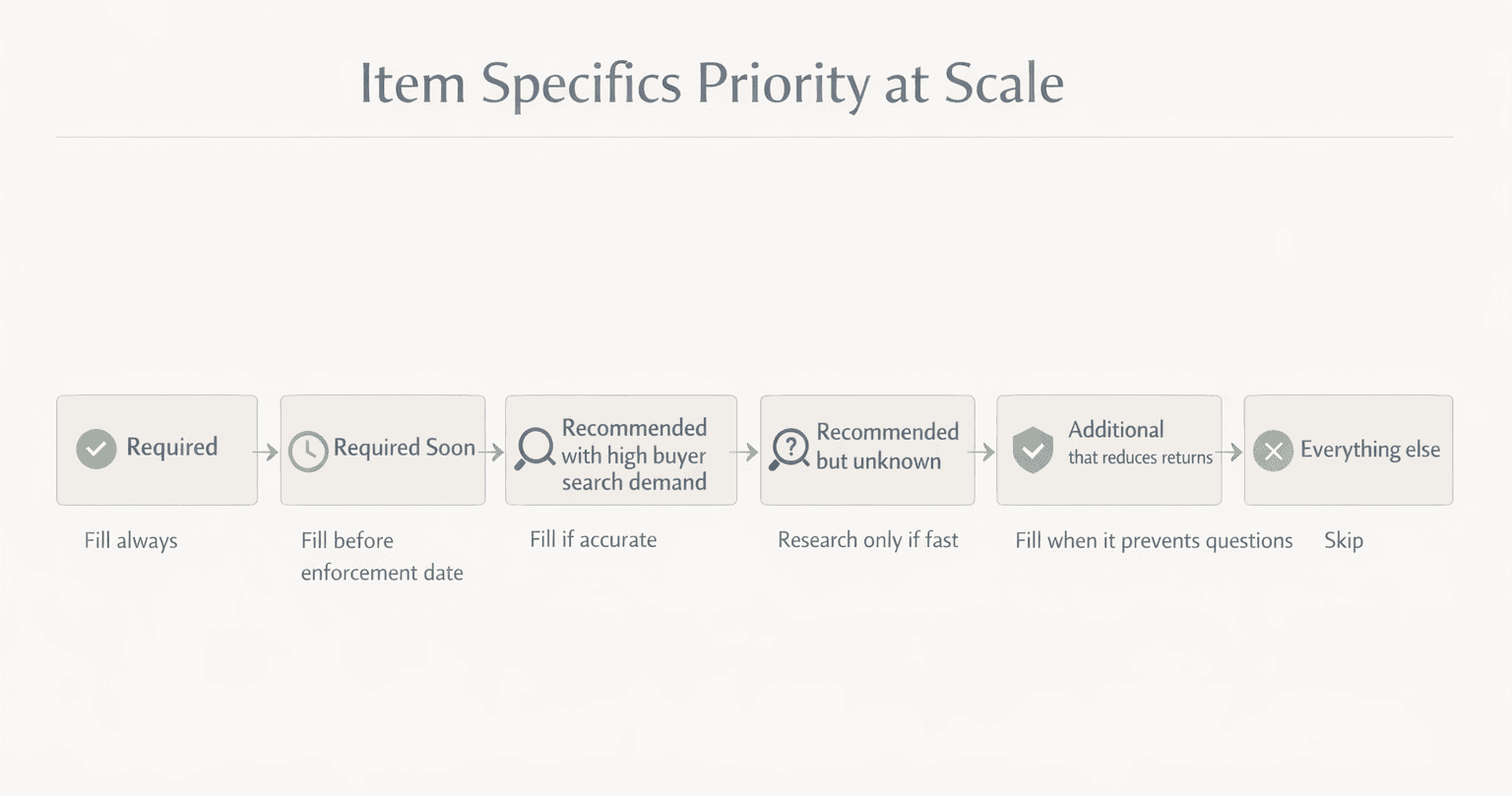Decision tree showing which eBay item specifics to fill first: required, required soon, recommended with buyer demand, and additional for conversion.