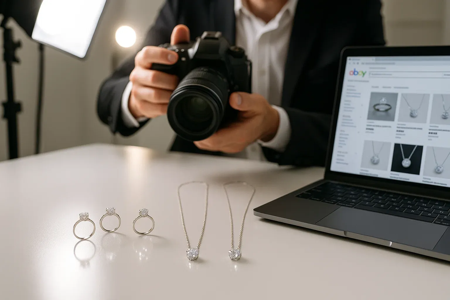 Jewelry seller photographing diamond pieces to upload polished eBay listings