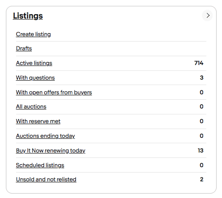 eBay Seller Hub showing 714 Active listings count
