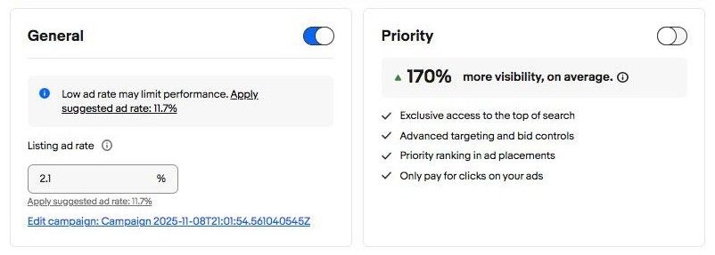 eBay Promoted Listings settings showing a 2.1% ad rate used to increase visibility on active listings.
