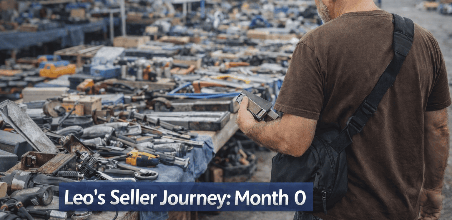 Leo sourcing auto parts and tools at a flea market for his eBay seller journey, Month 0.