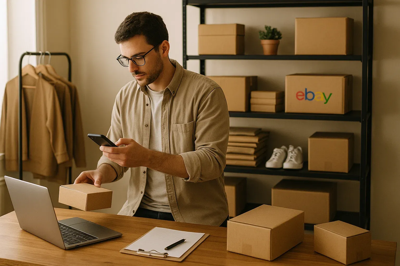 U.S. eBay seller organizing inventory and using automation tools to streamline listing and pricing workflows